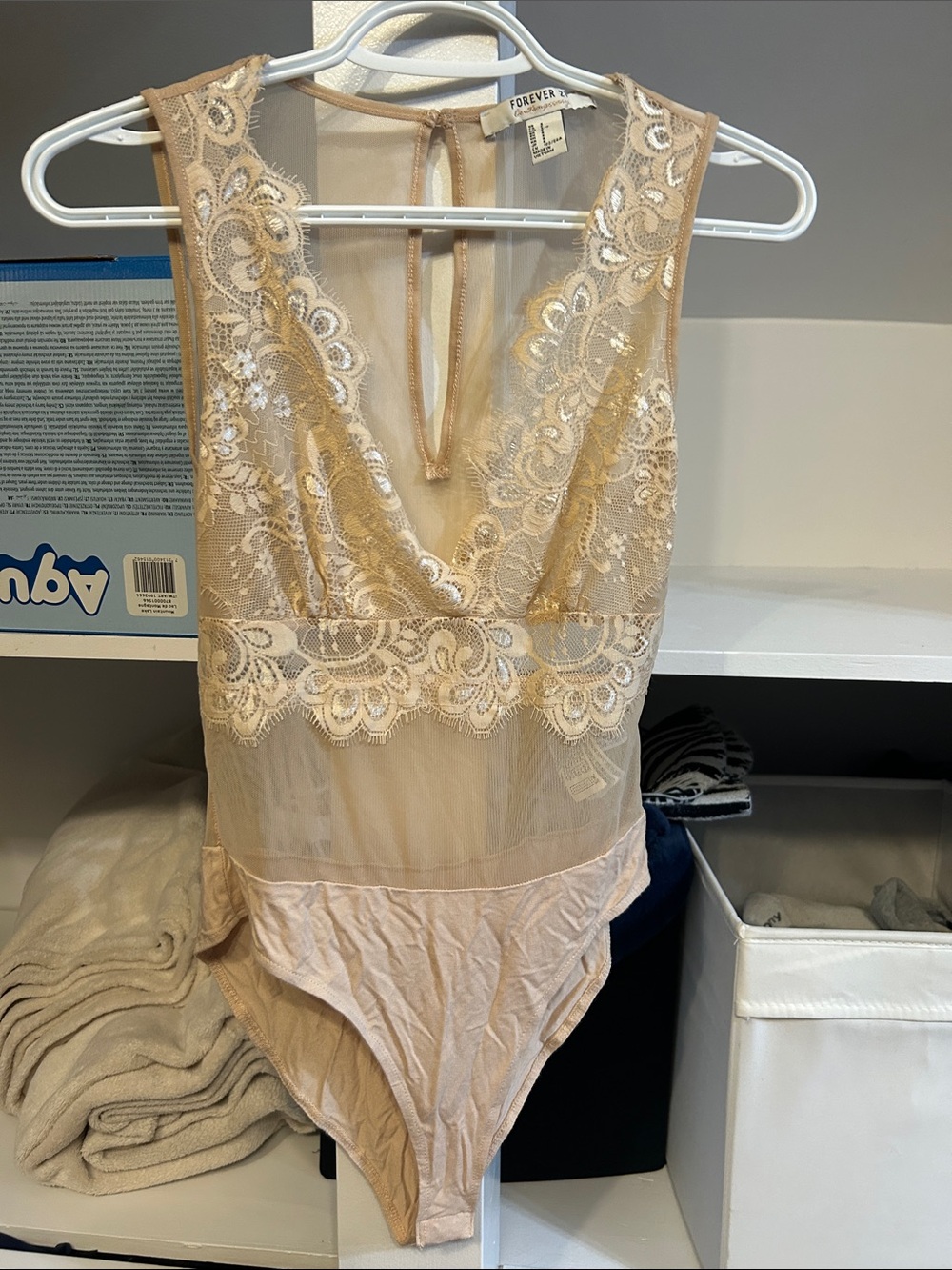 Forever 21 Beige Lace Plunge Bodysuit